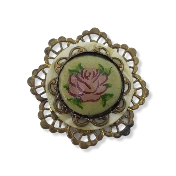 1930s GUILLOCHE ENAMEL ROSE & FILIGREE DESIGN BRASS BROOCH - Picture 1 of 3